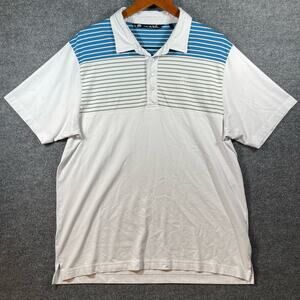 Travis Mathew Polo Shirt Men's XL White/Blue Striped Short Sleeve Pima Cotton